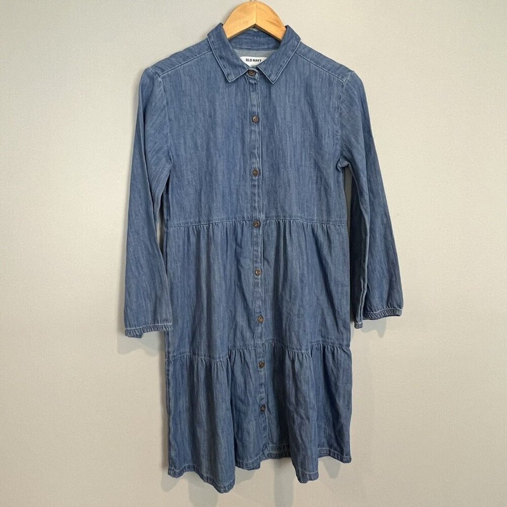 Old Navy Long Sleeve Denim Dressโ Chambray Tiered Girls Size XL NWT